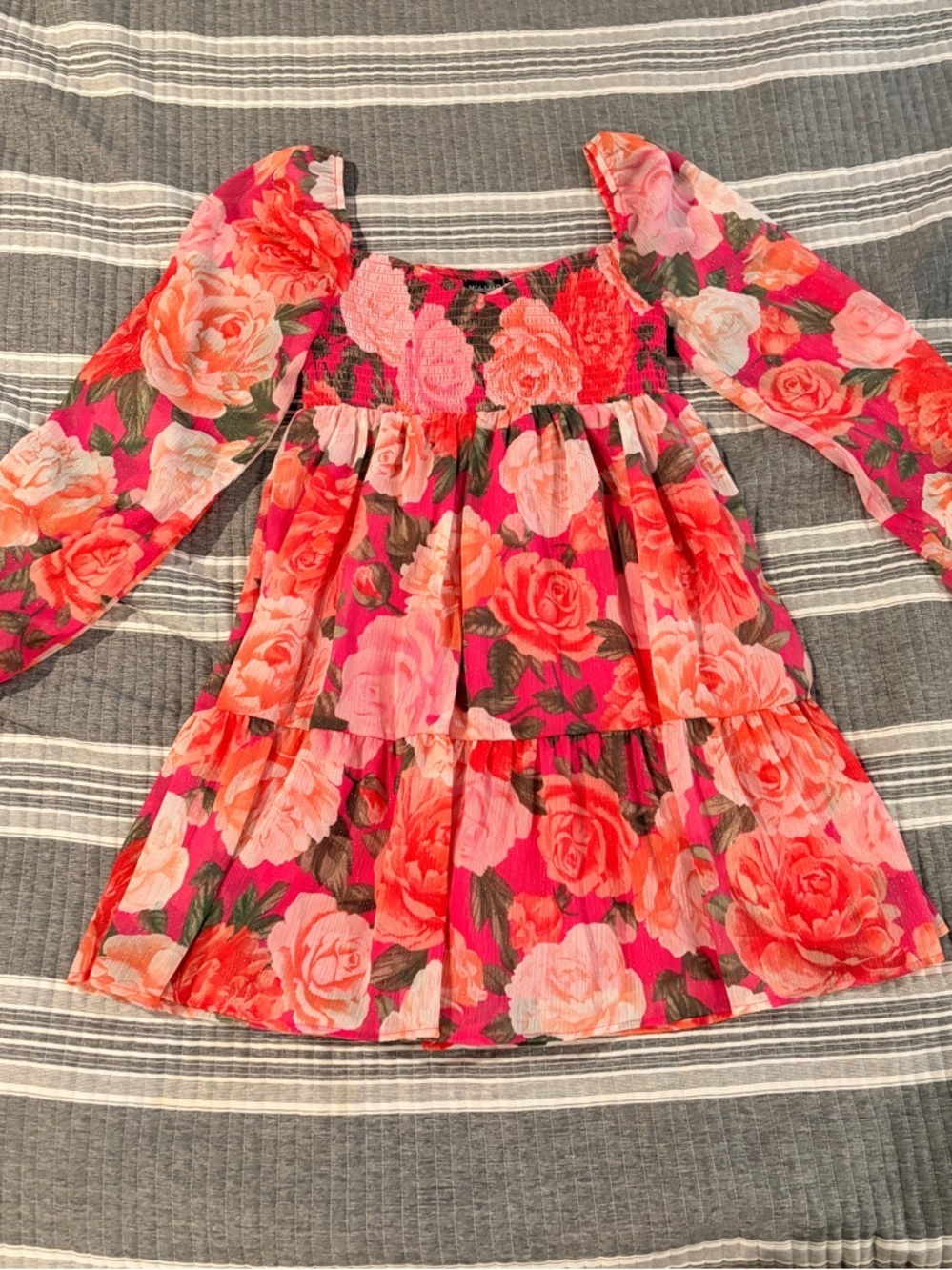 Midnight Doll Women’s XS Floral Smocked Pink & Red Dress